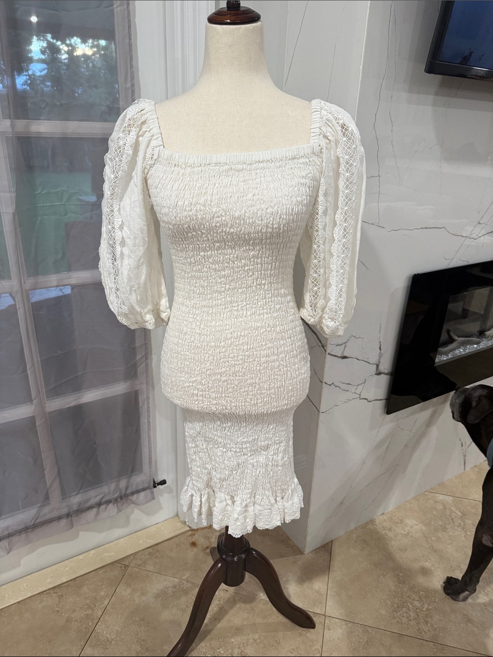 White Smocked Midi Dress with Puff Lace Sleeves
